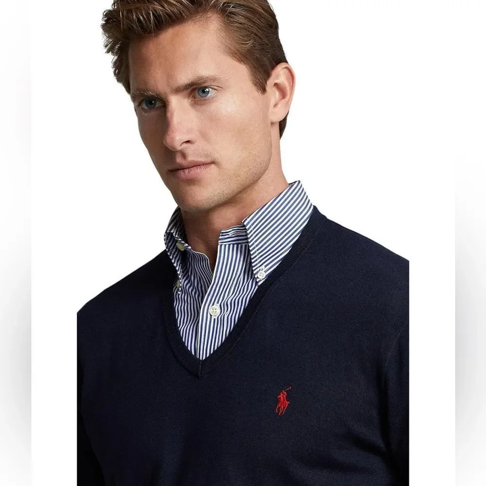 POLO RALPH LAUREN Men's Cotton V-Neck Sweater Navy NEW with tag XXL